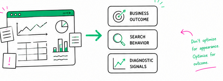 A busy analytics dashboard becoming business outcomes, search behavior, and diagnostic signals